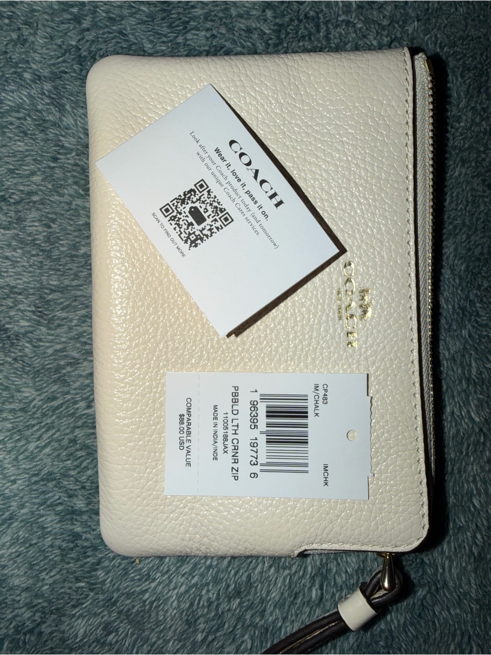 Coach Chalk Pebbled Leather Zip Wristlet with Gold Logo